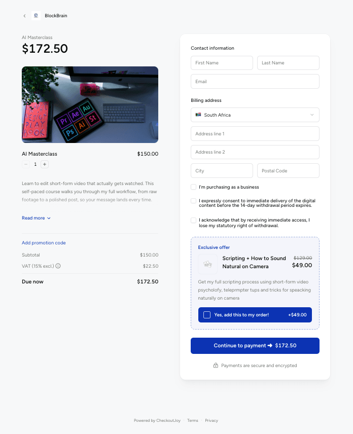 CheckoutJoy checkout page with an order bump offer